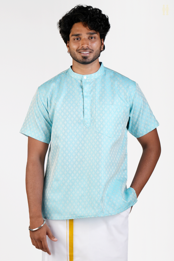 Chinese Collar Diamond Design Sky Blue Banarasi Short Kurta
