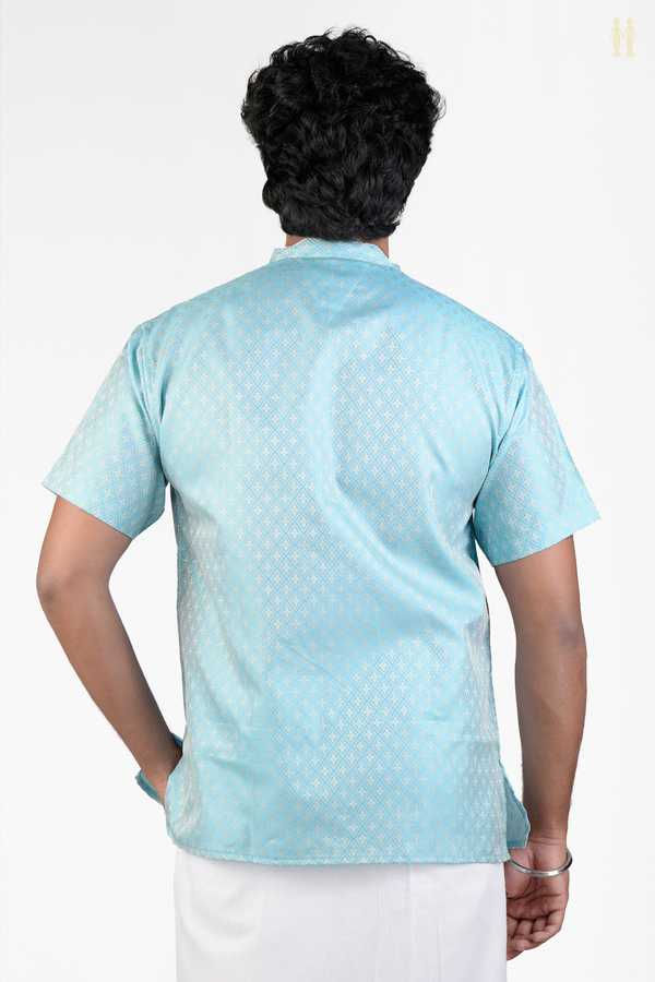 Chinese Collar Diamond Design Sky Blue Banarasi Short Kurta