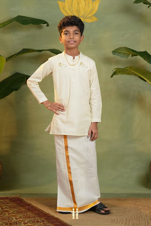 Chinese Collar Embroidered Design White Kasvu Short Kurta