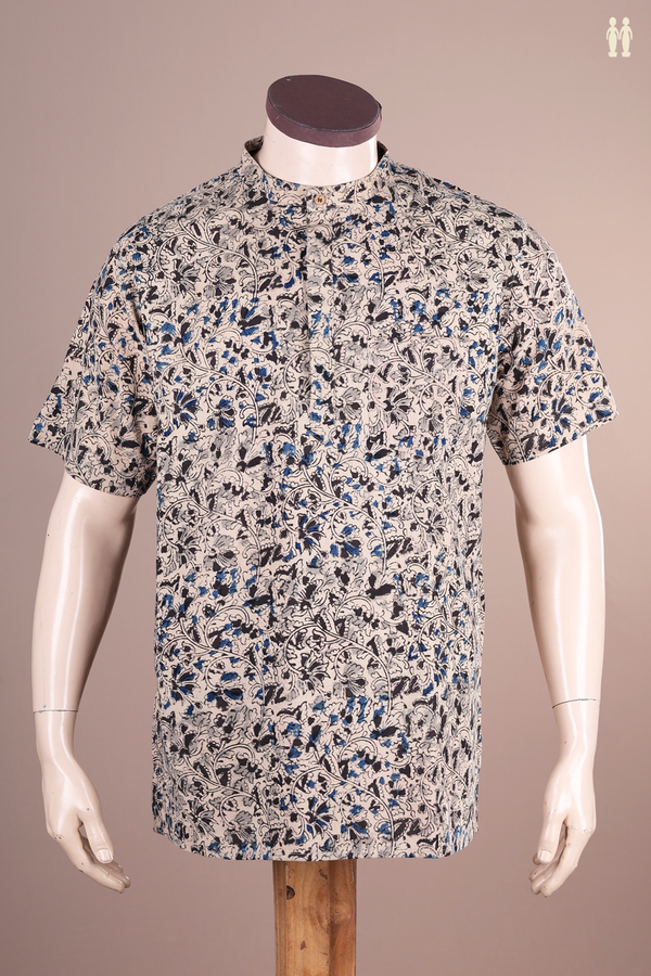 Chinese Collar Floral Design Beige Kalamkari Cotton Short Kurta