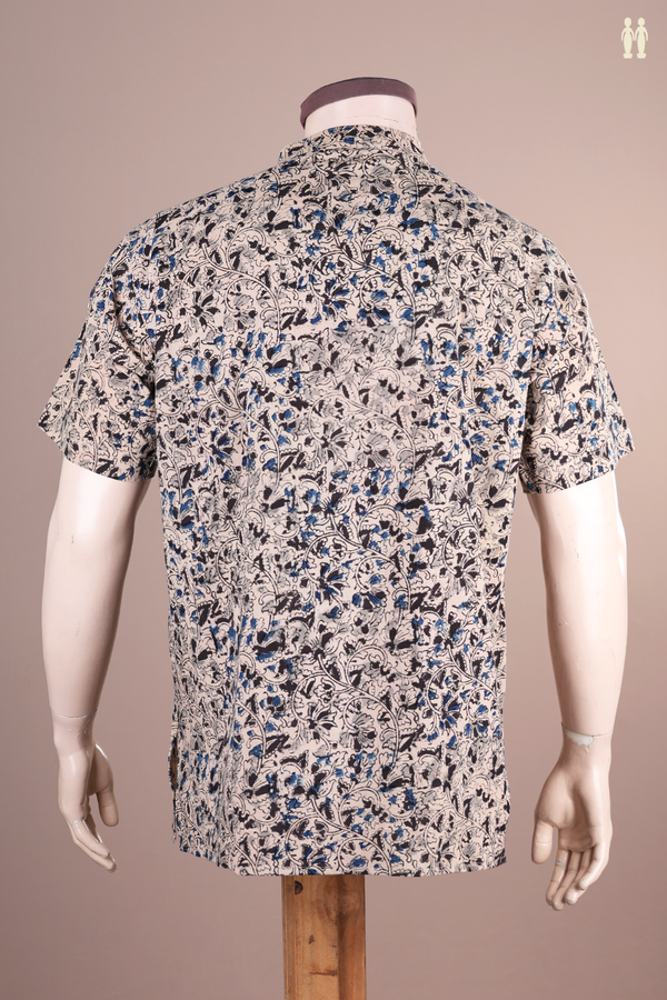 Chinese Collar Floral Design Beige Kalamkari Cotton Short Kurta