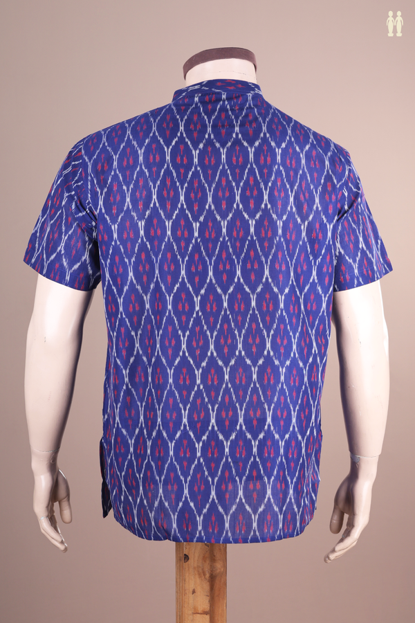 Chinese Collar Ogee Design Royal Blue Cotton Short Kurta