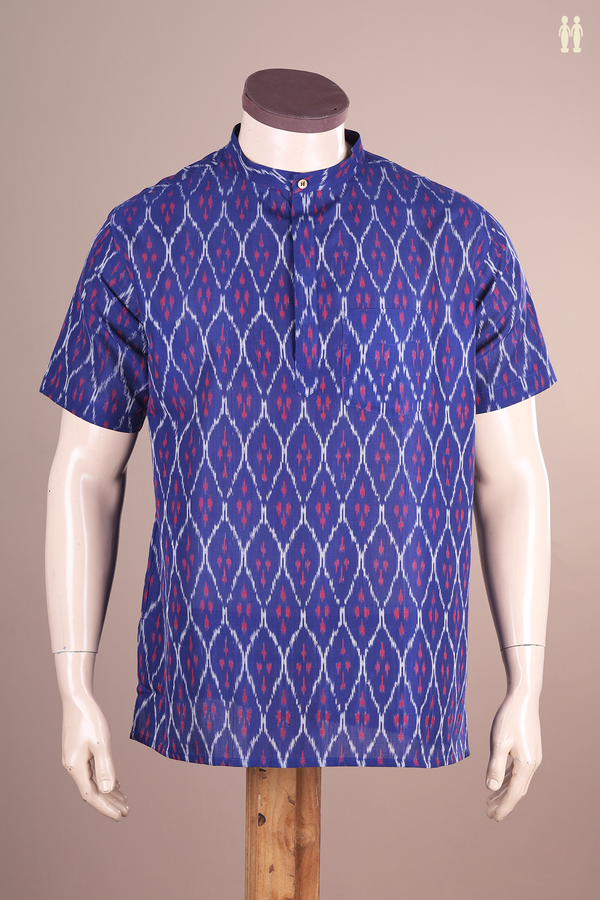 Chinese Collar Ogee Design Royal Blue Cotton Short Kurta