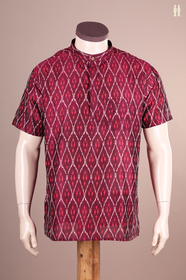 Chinese Collar Ogee Design Purple Ikat Cotton Short Kurta