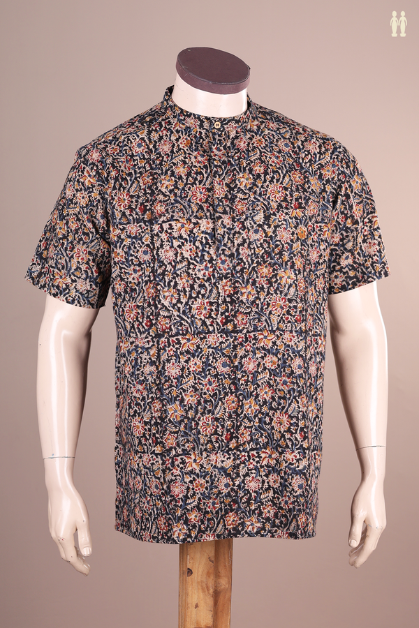 Chinese Collar Printed Design Black Cotton Short Kurta