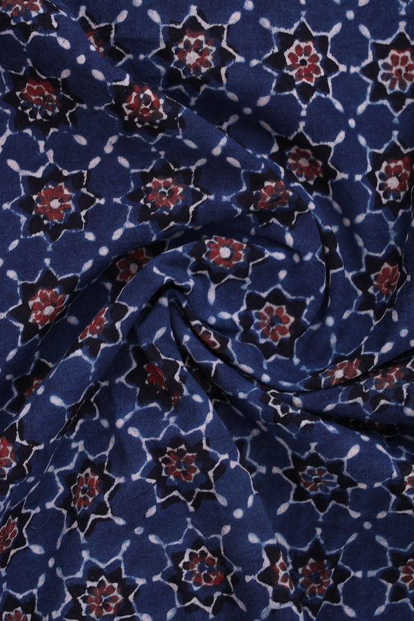 Chinese Collar Printed Design Blue Ajrakh Cotton Short Kurta