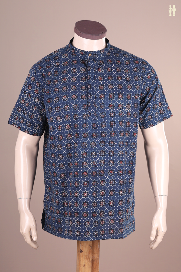 Chinese Collar Printed Design Blue Ajrakh Cotton Short Kurta