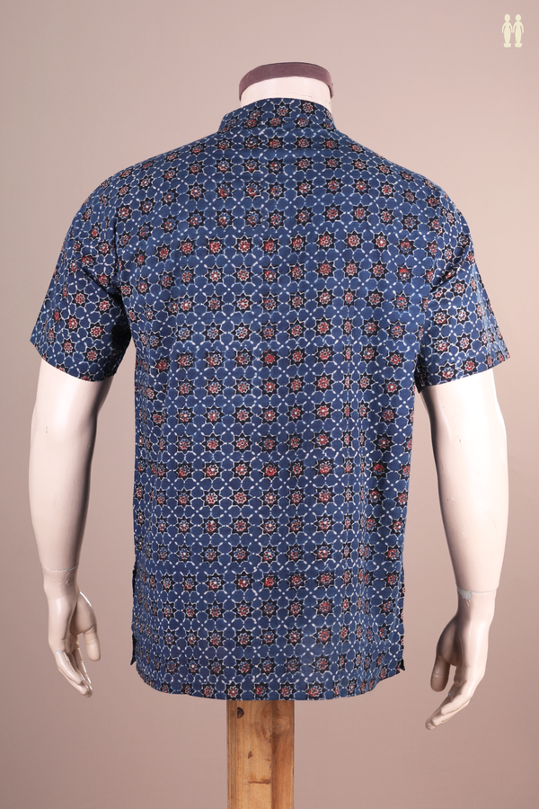 Chinese Collar Printed Design Blue Ajrakh Cotton Short Kurta