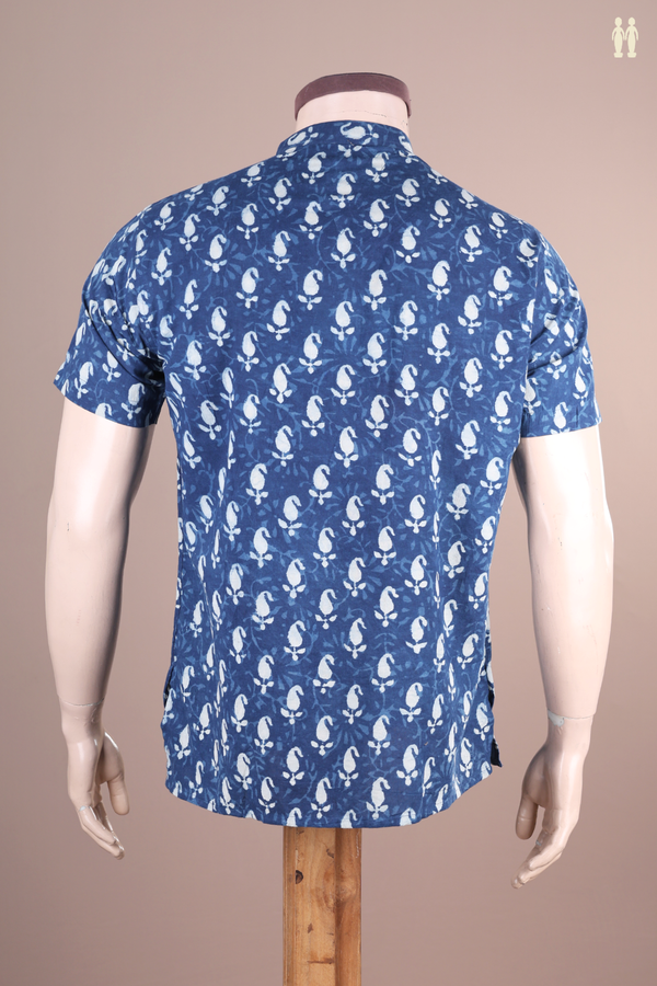 Chinese Collar Printed Design Blue Cotton Short Kurta