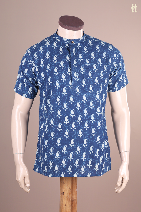 Chinese Collar Printed Design Blue Cotton Short Kurta