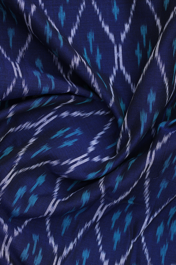 Chinese Collar Ogee Design Blue Ikat Cotton Short Kurta