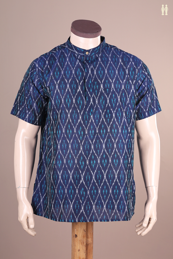 Chinese Collar Ogee Design Blue Ikat Cotton Short Kurta