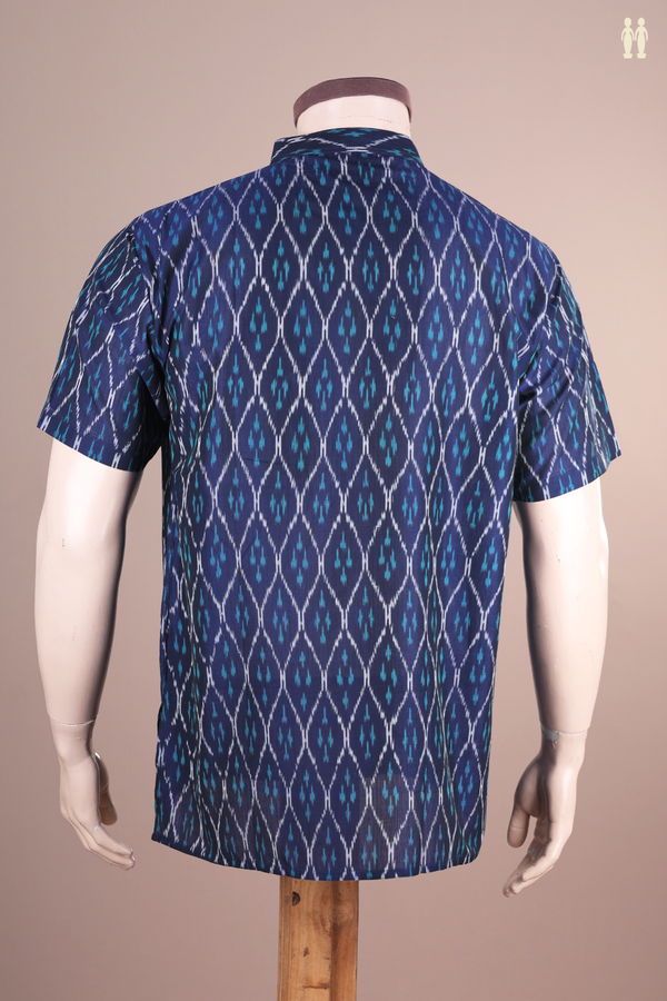 Chinese Collar Ogee Design Blue Ikat Cotton Short Kurta
