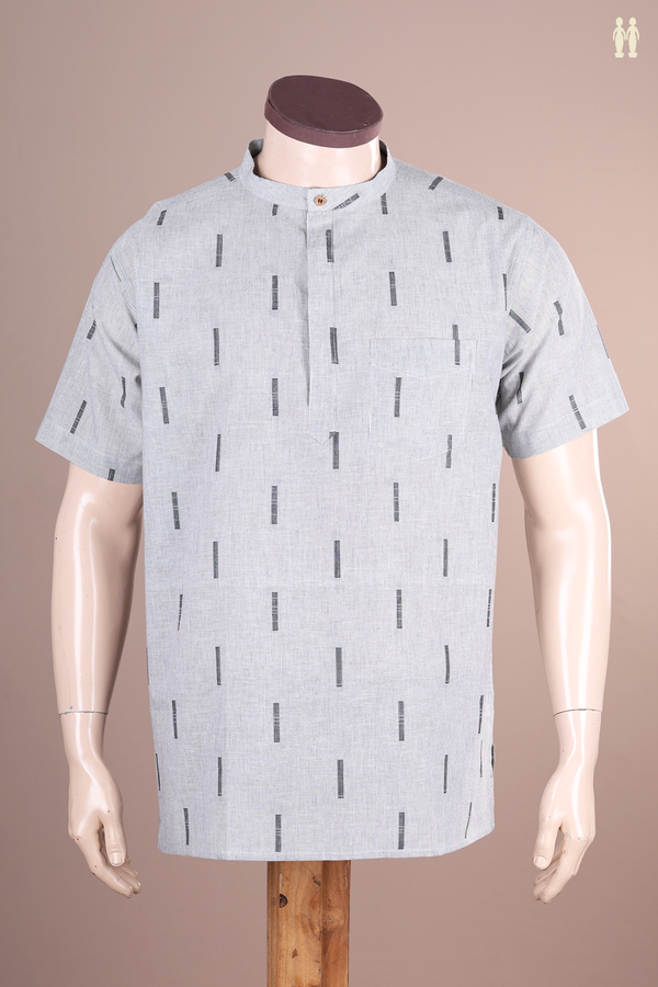 Chinese Collar Stripes Design Grey Cotton Short Kurta