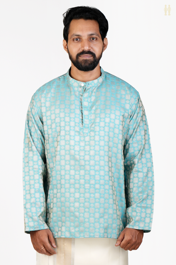 Chinese Collar Threadwork Design Blue Banarasi Short Kurta