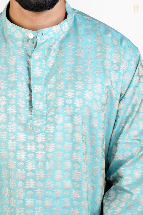 Chinese Collar Threadwork Design Blue Banarasi Short Kurta