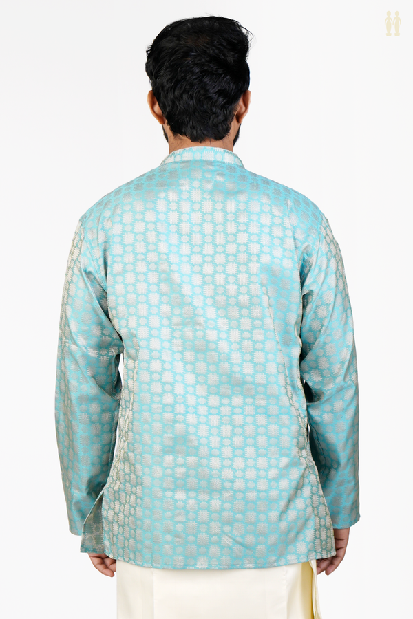 Chinese Collar Threadwork Design Blue Banarasi Short Kurta