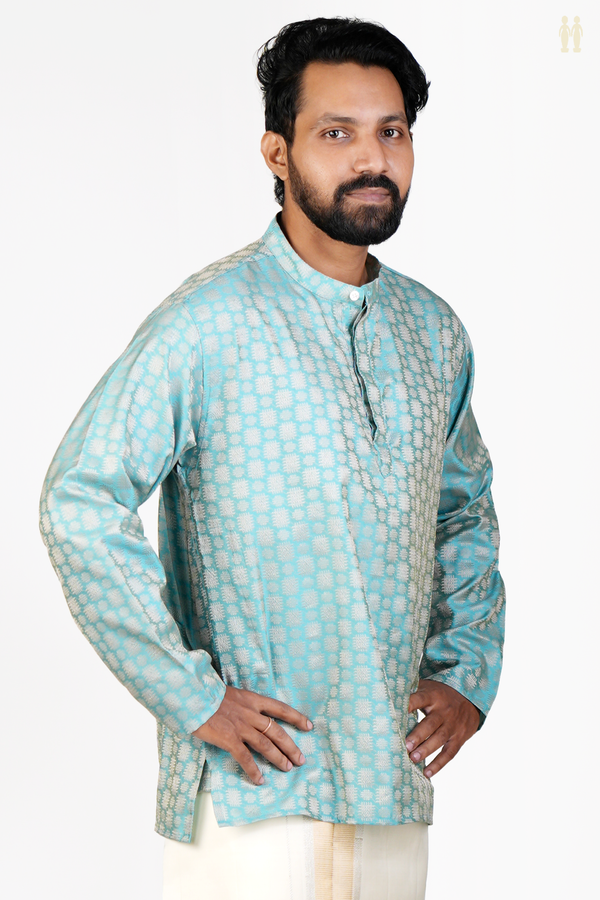 Chinese Collar Threadwork Design Blue Banarasi Short Kurta