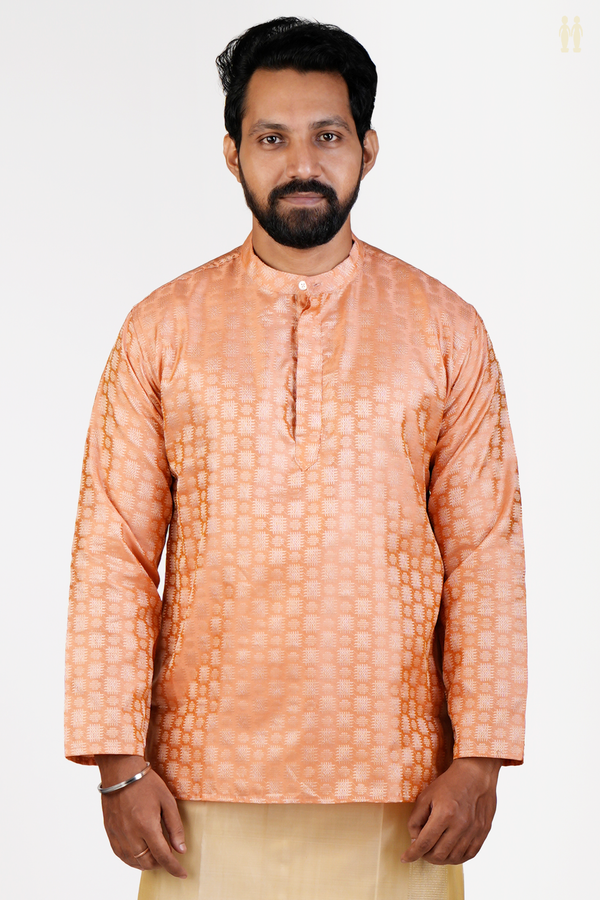 Chinese Collar Threadwork Design Orange Banarasi Short Kurta