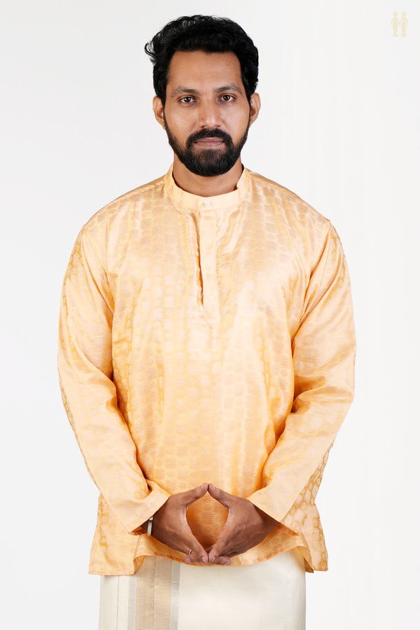 Chinese Collar Threadwork Design Orange Banarasi Short Kurta