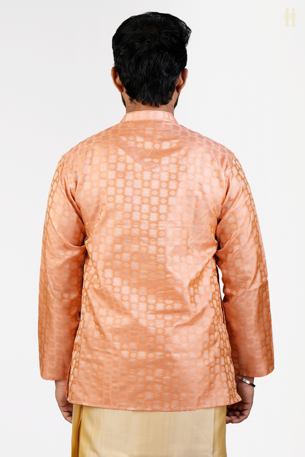 Chinese Collar Threadwork Design Orange Banarasi Short Kurta