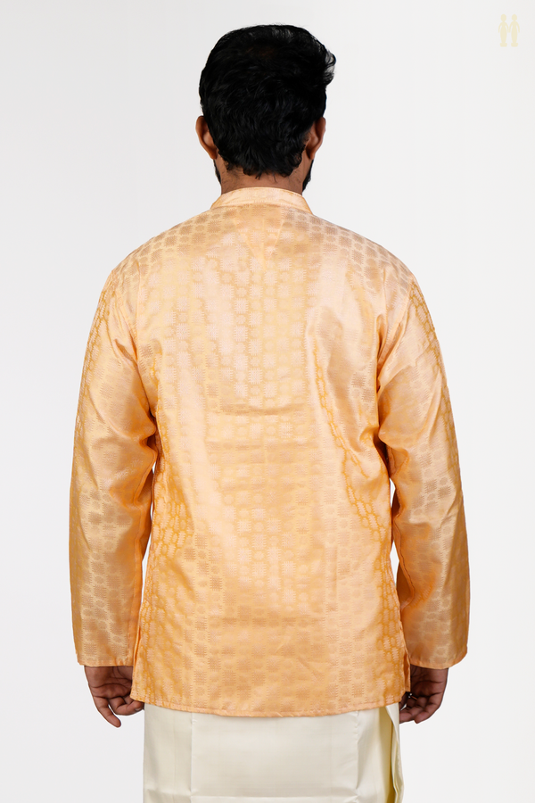 Chinese Collar Threadwork Design Orange Banarasi Short Kurta