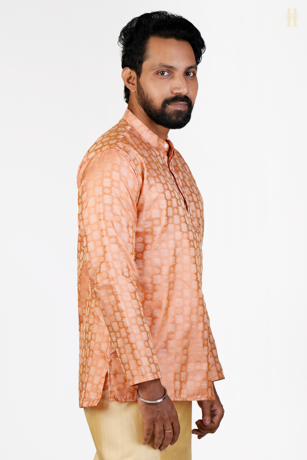 Chinese Collar Threadwork Design Orange Banarasi Short Kurta