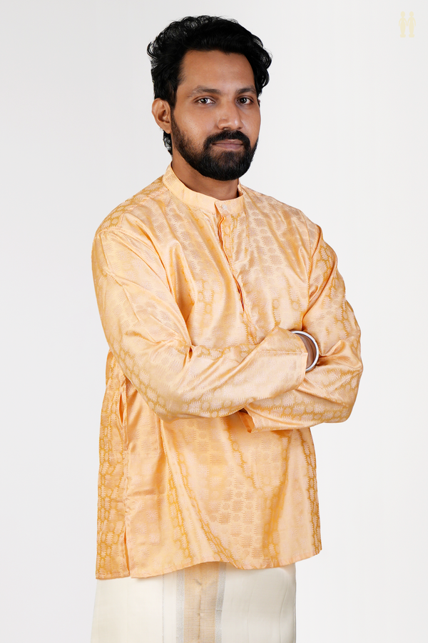 Chinese Collar Threadwork Design Orange Banarasi Short Kurta