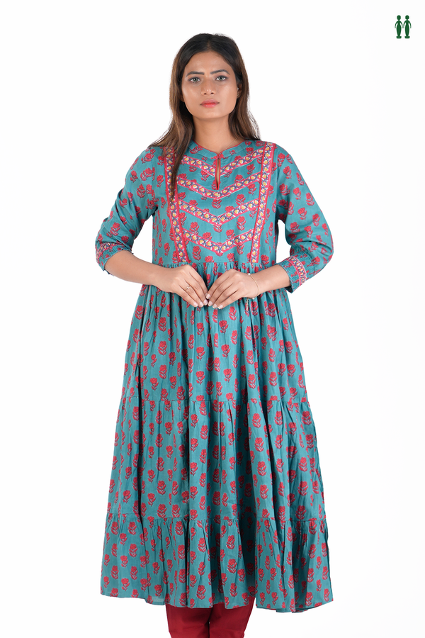 Chinese Neck Floral Printed Blue Cotton Long Kurta