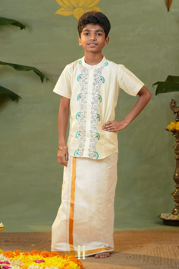 Chinese Collar Printed Design White Kasavu Shirt