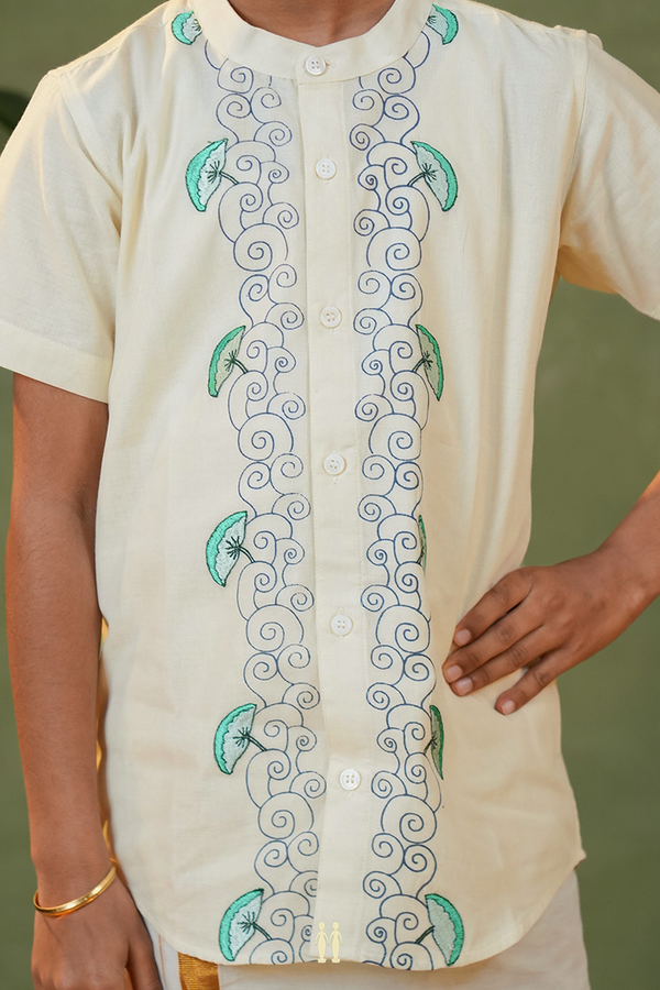 Chinese Collar Printed Design White Kasavu Shirt