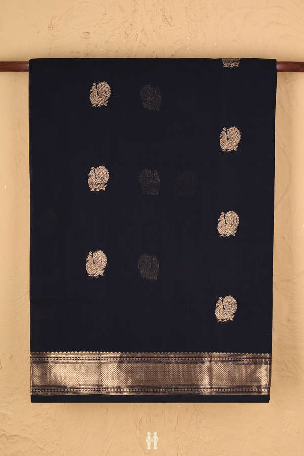Coimbatore Cotton Saree In Black With Peacock Buttas