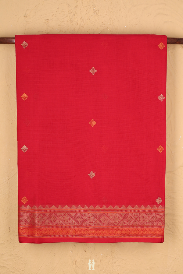 Coimbatore Cotton Saree In Scarlet Red With Threadwork Buttas
