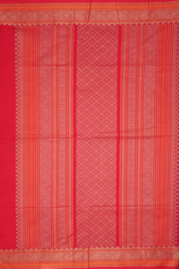 Coimbatore Cotton Saree In Scarlet Red With Threadwork Buttas