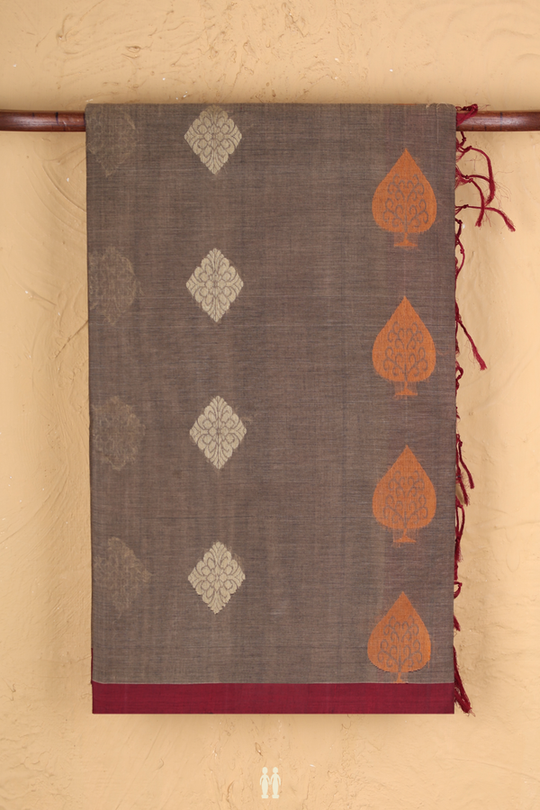 Coimbatore Cotton Saree In Oxford Brown With Threadwork Motifs
