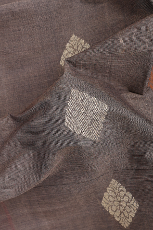 Coimbatore Cotton Saree In Oxford Brown With Threadwork Motifs