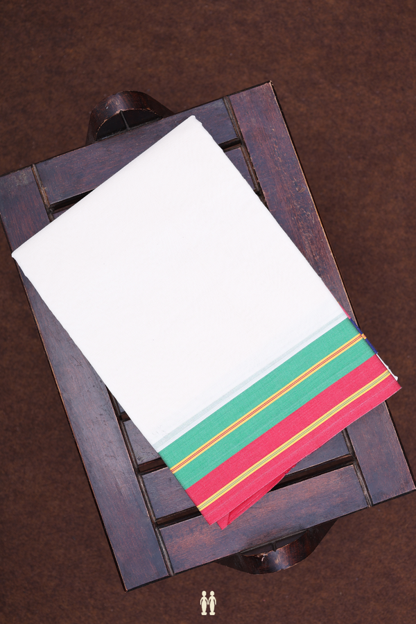 Contrast Border White Cotton Dhoti With Angavastram Set