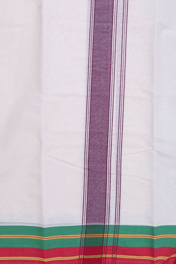 Contrast Border White Cotton Dhoti With Angavastram Set