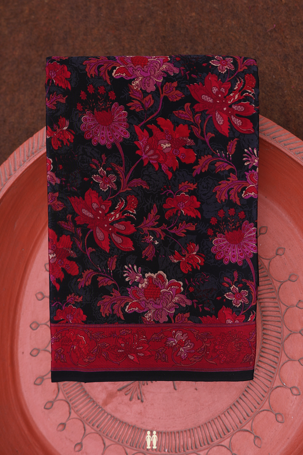 Crepe Saree In Black With Floral Design