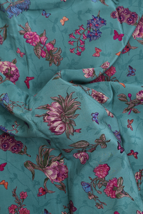 Crepe Saree In Slate Green With Floral Design