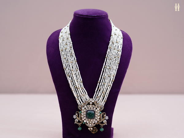 Crystal Green Stone Multi Layered Pearls Silver Long Necklace