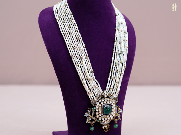 Crystal Green Stone Multi Layered Pearls Silver Long Necklace