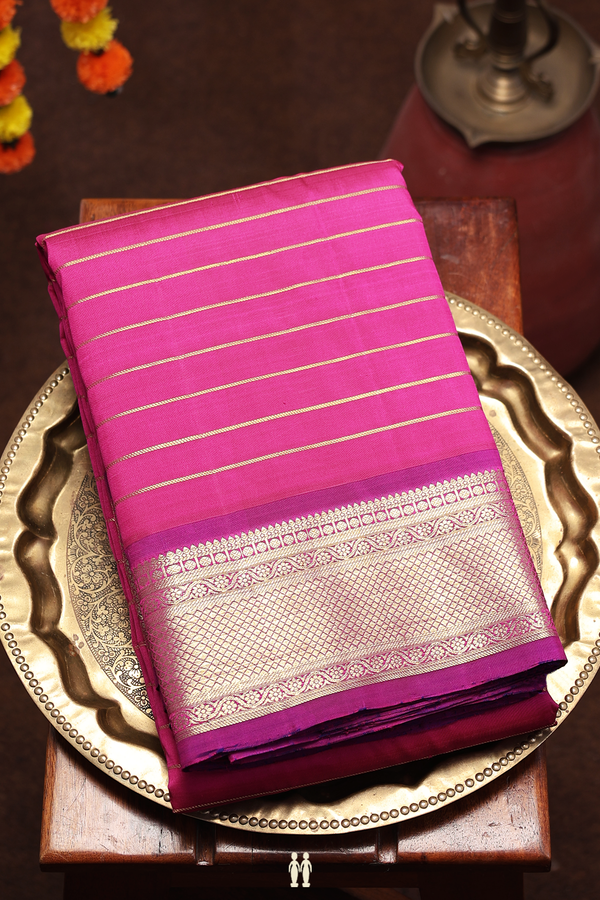 Kanchipuram Silk Saree In Magenta With Stripes Design
