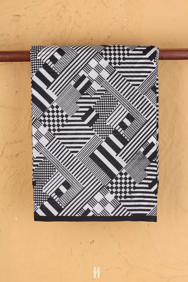 Printed Silk Saree In White With Geometric Design