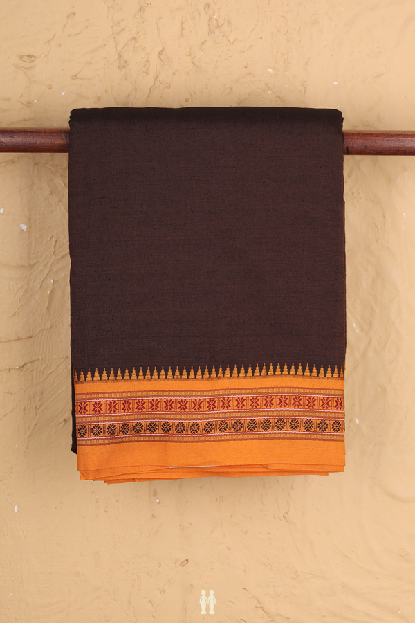 Dharwad Cotton Saree In Dark Oak Brown With Contrast Border