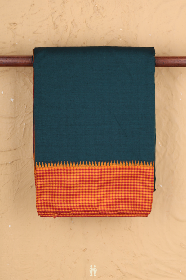 Dharwad Cotton Saree In Forest Green With Checks Border