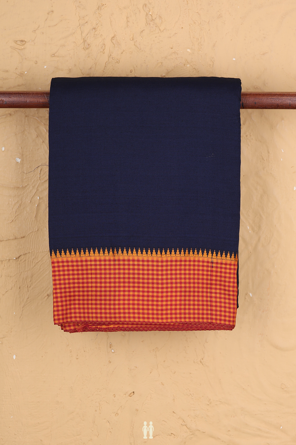 Dharwad Cotton Saree In Navy Blue With Checks Border