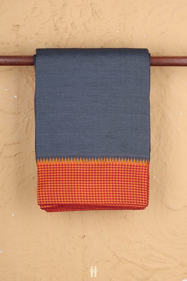 Dharwad Cotton Saree In Pigeon Blue With Checks Border
