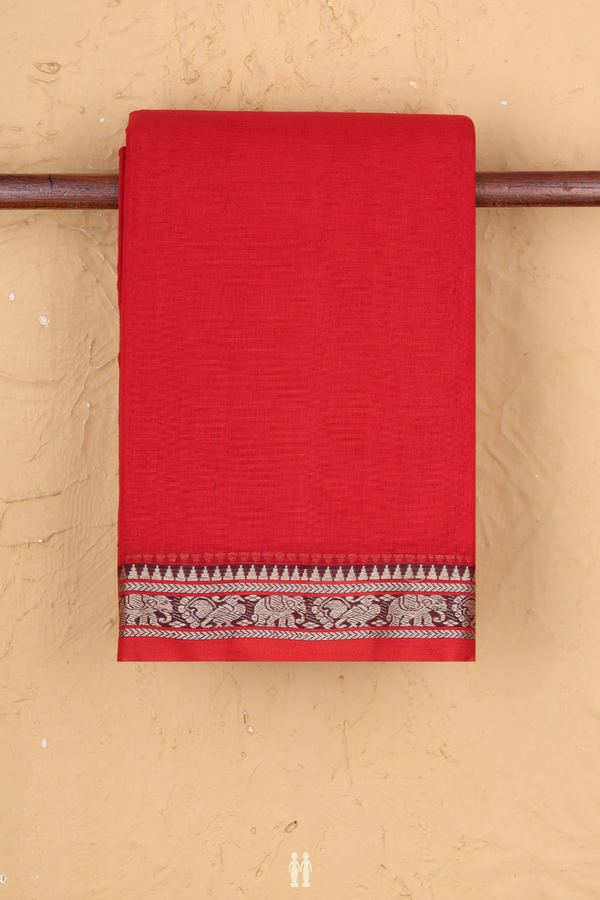 Dharwad Cotton Saree In Scarlet Red With Peacock Border