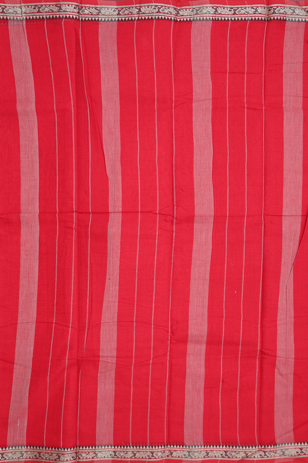 Dharwad Cotton Saree In Scarlet Red With Peacock Border
